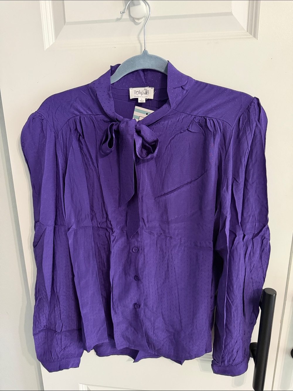 Purple Swiss dot Tie-Neck Blouse - Picture 4 of 9